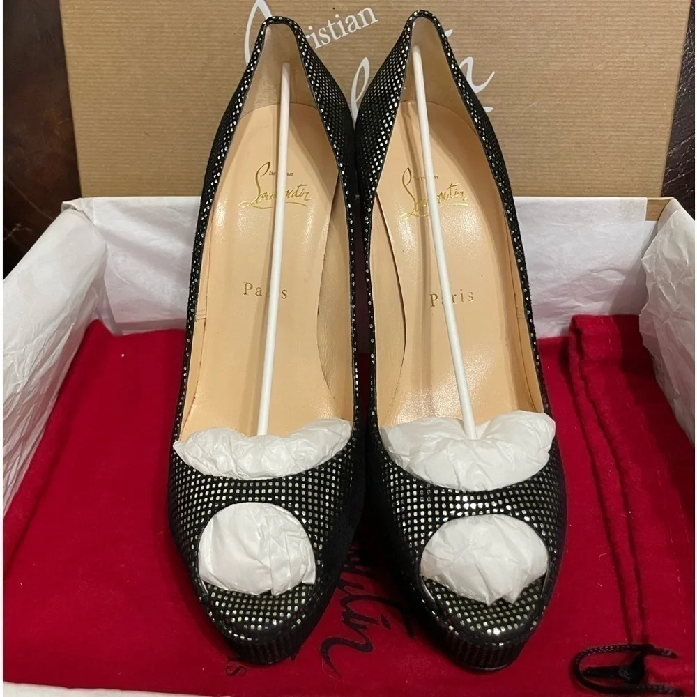 Christian Louboutin Lady Peep plaid polka glitter pump 140mm 1” platform EU38.5